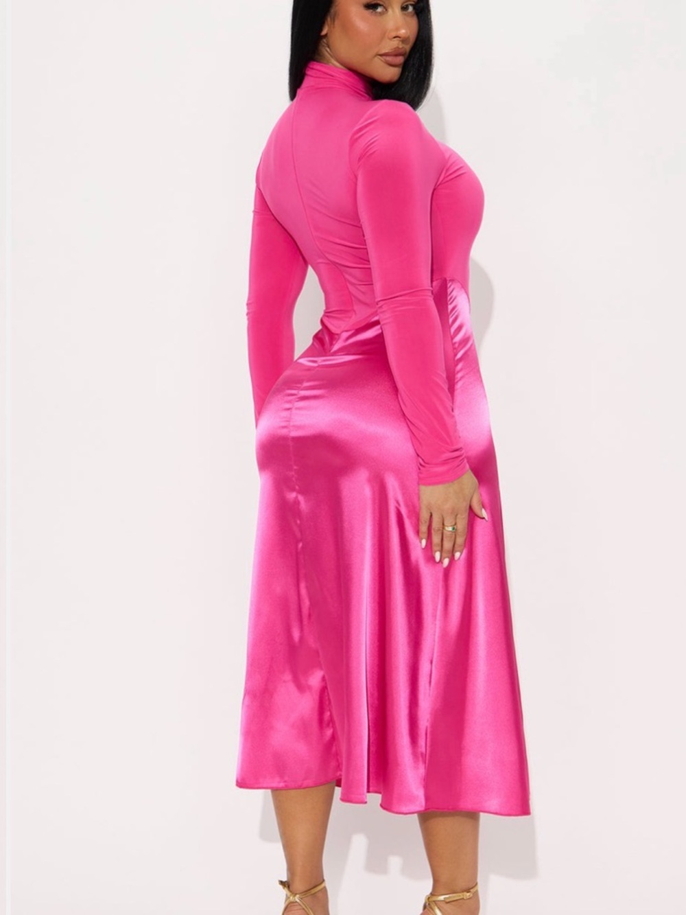 Fashion Nova Fitted Satin Midi Dress in Hot Pink